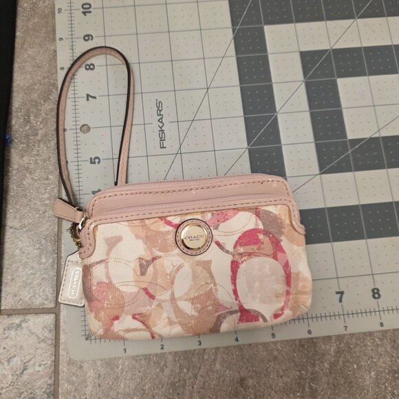 Coach Poppy Double Zip Wallet Wristlet Pink & Cream Signature C Canvas Leather - Picture 8 of 8